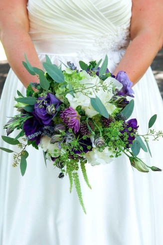 organic style purple and white bridal bouquet