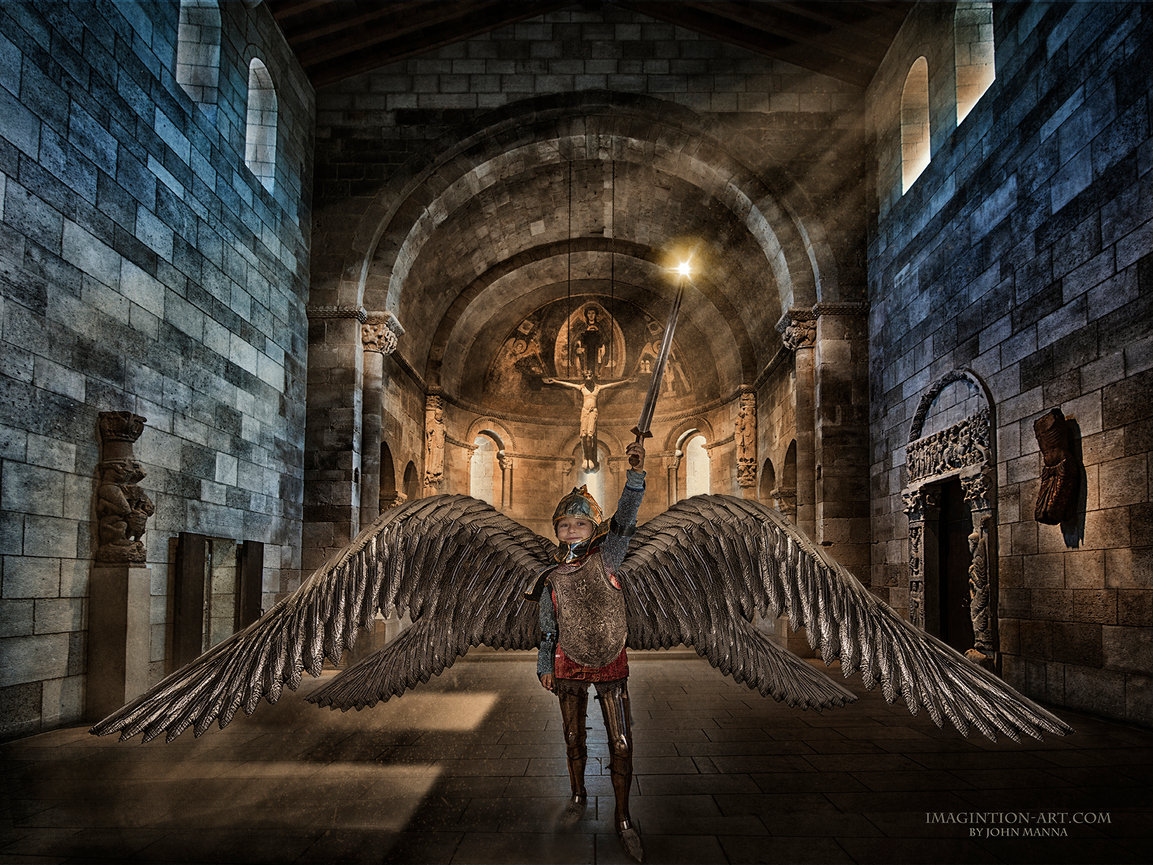 Composite image of a child dressed as an arch angel.