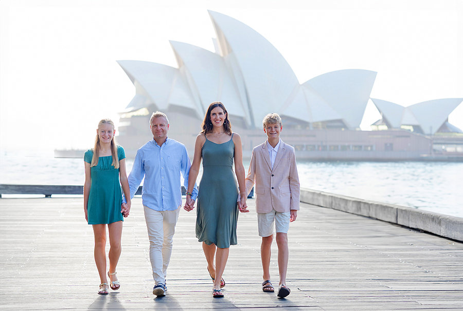 A Sydney Photoshoot with a family walking with Sydney Opera House in the background.