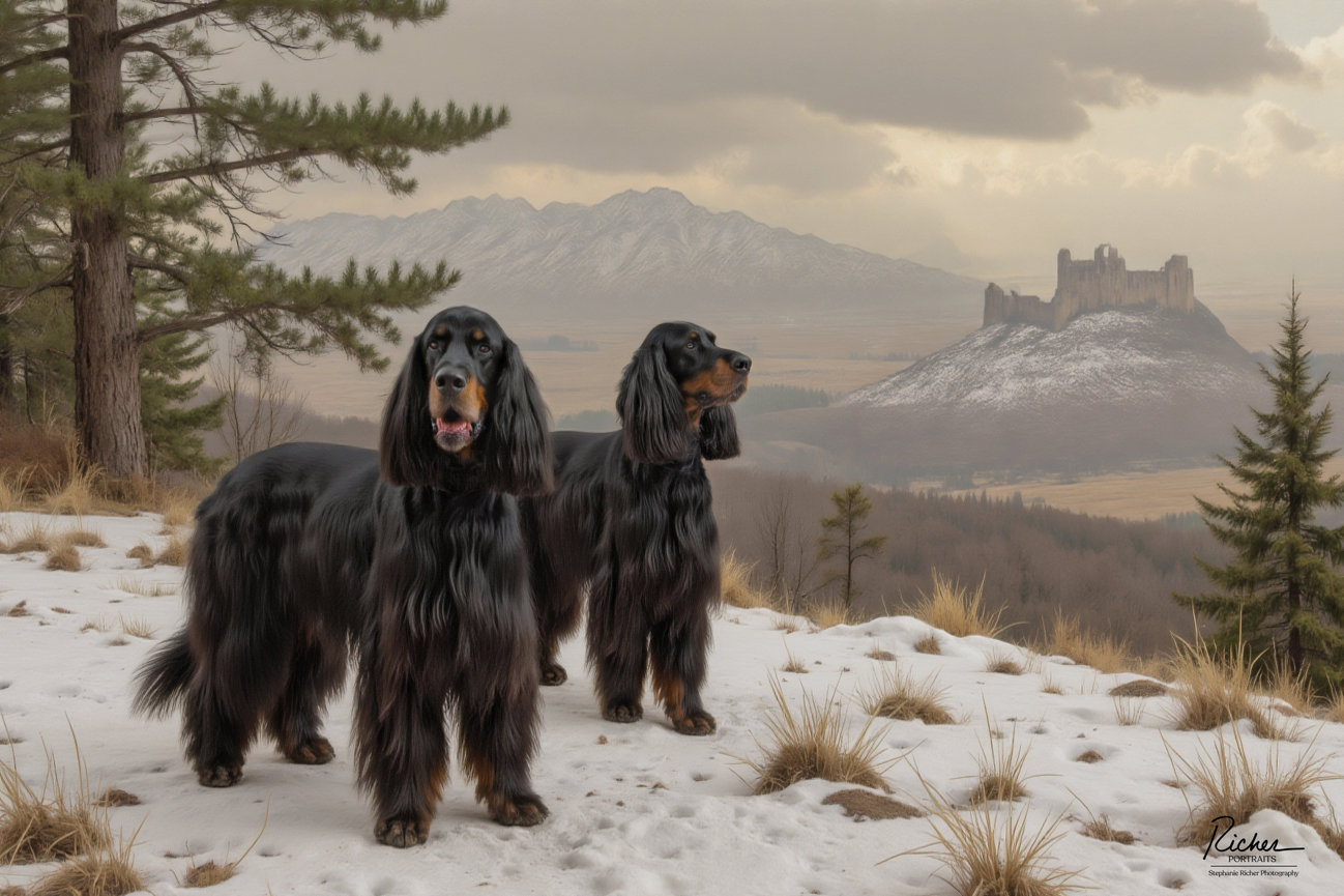 Fine-art portrait of two Gordon Setters standing on a snowy mountain ridge with a distant castle ruin and dramatic peaks in the background.