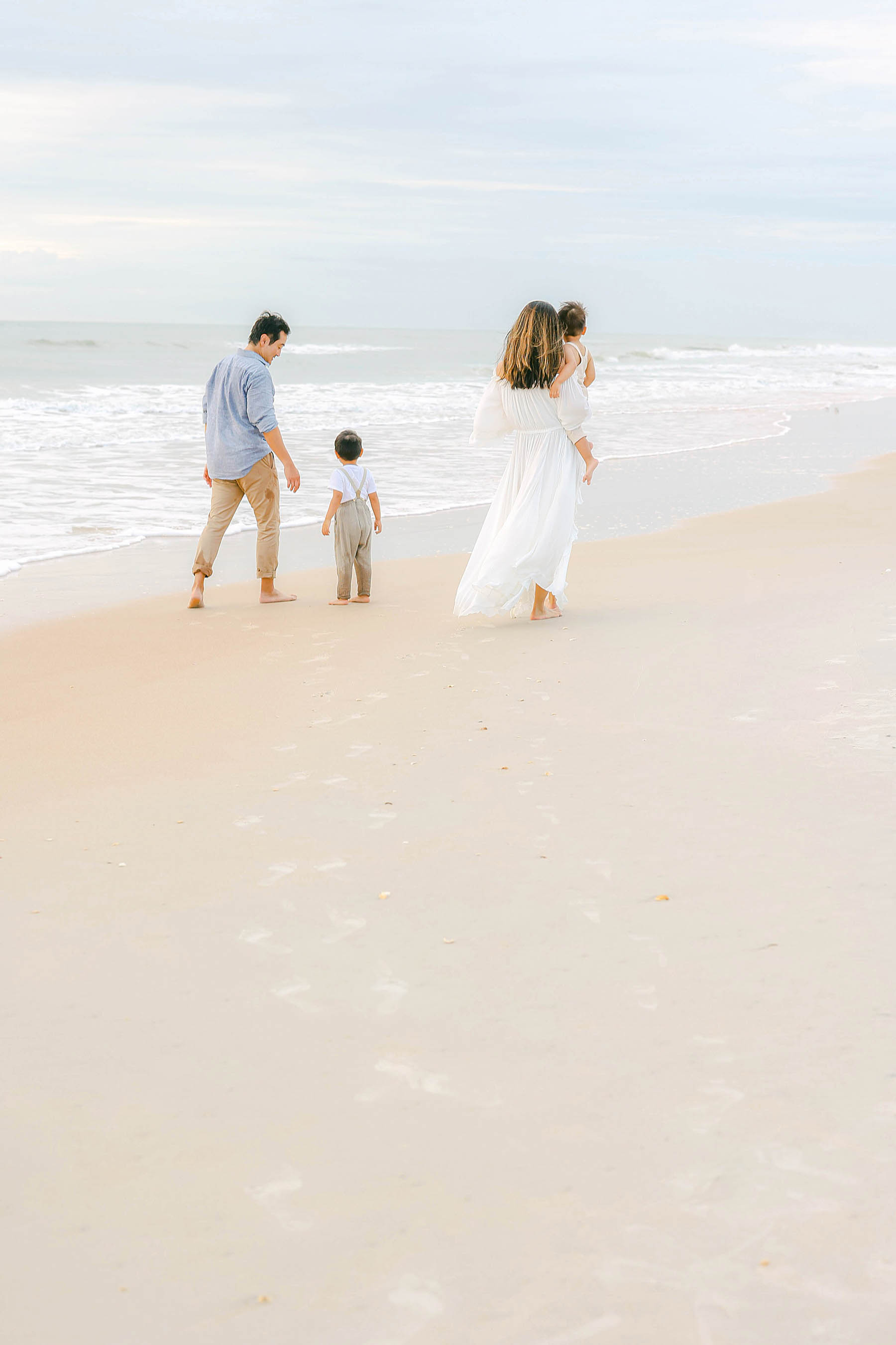 family walking away on the beach