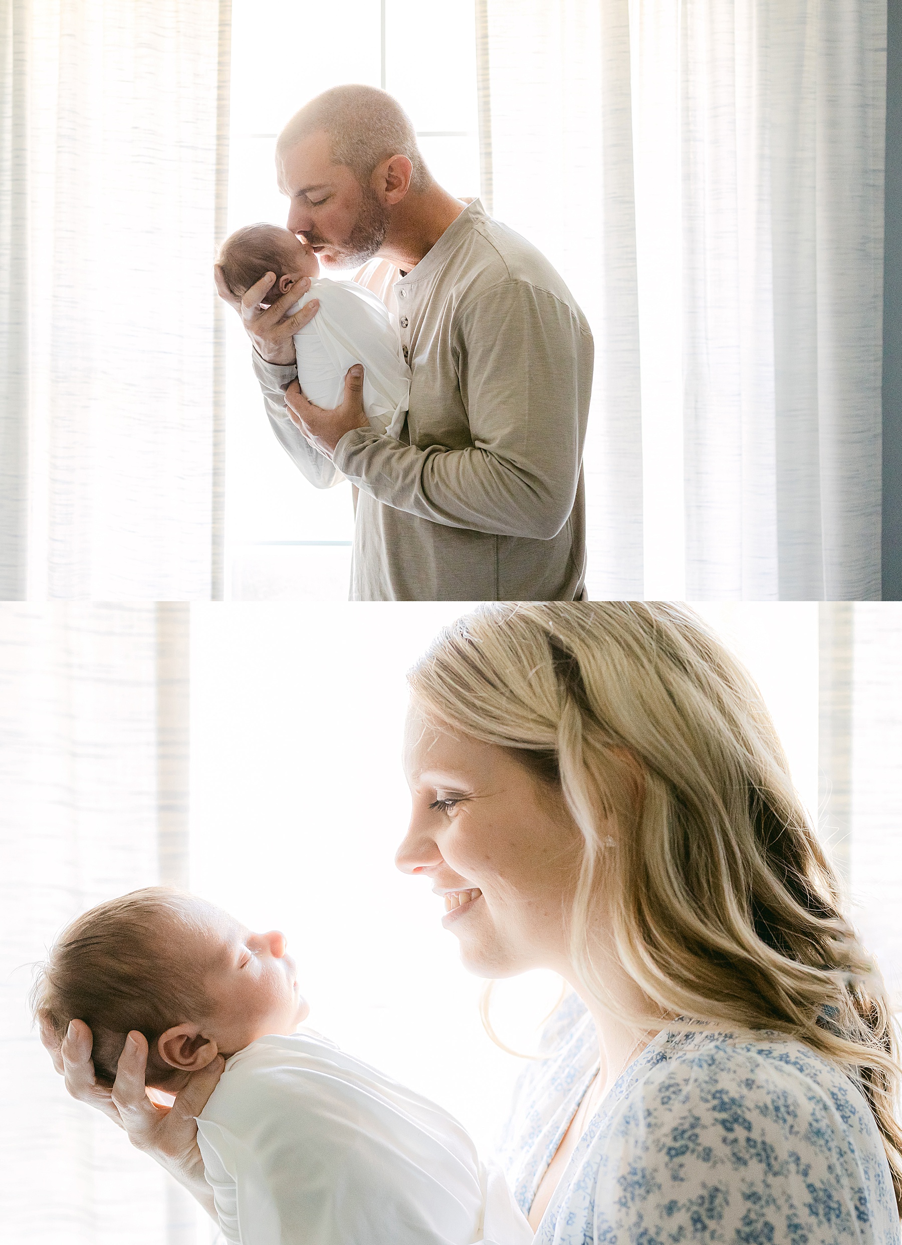 man and a woman holding a newborn baby in front of an airy window backlit