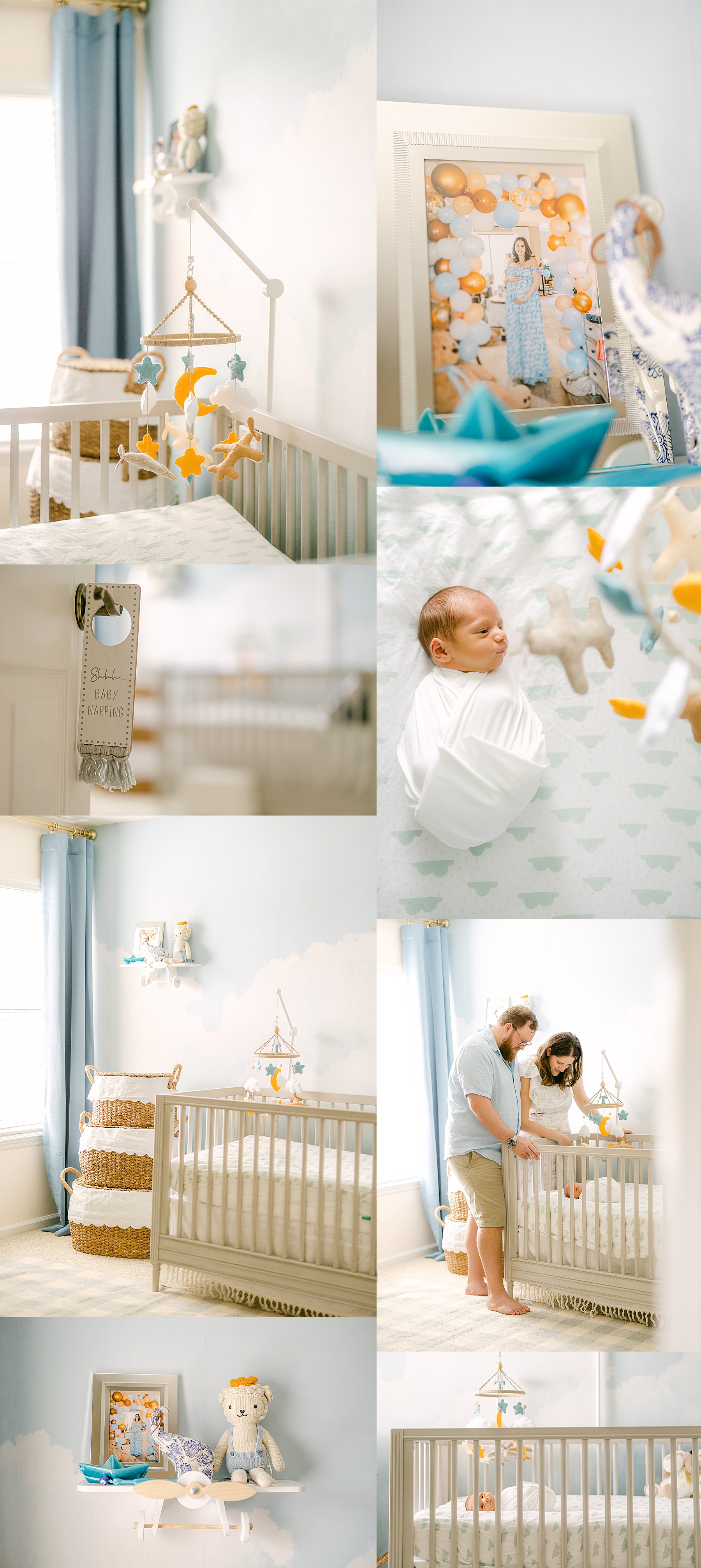 series of photos showcasing baby boy nursery in pale blue and gold