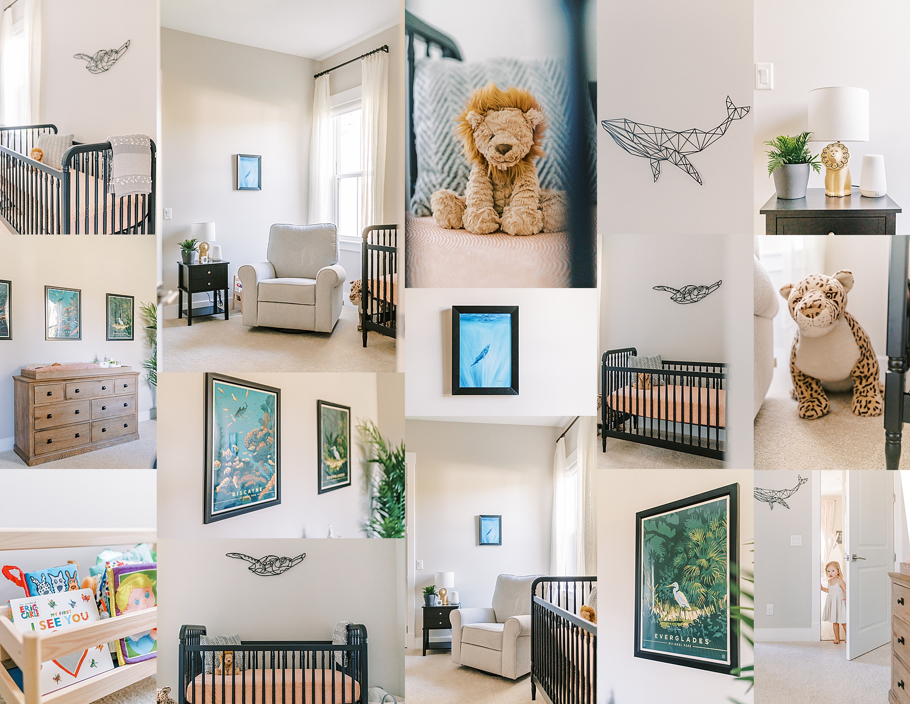 series of similar images of a nursery with a modern coastal look in saint johns Florida