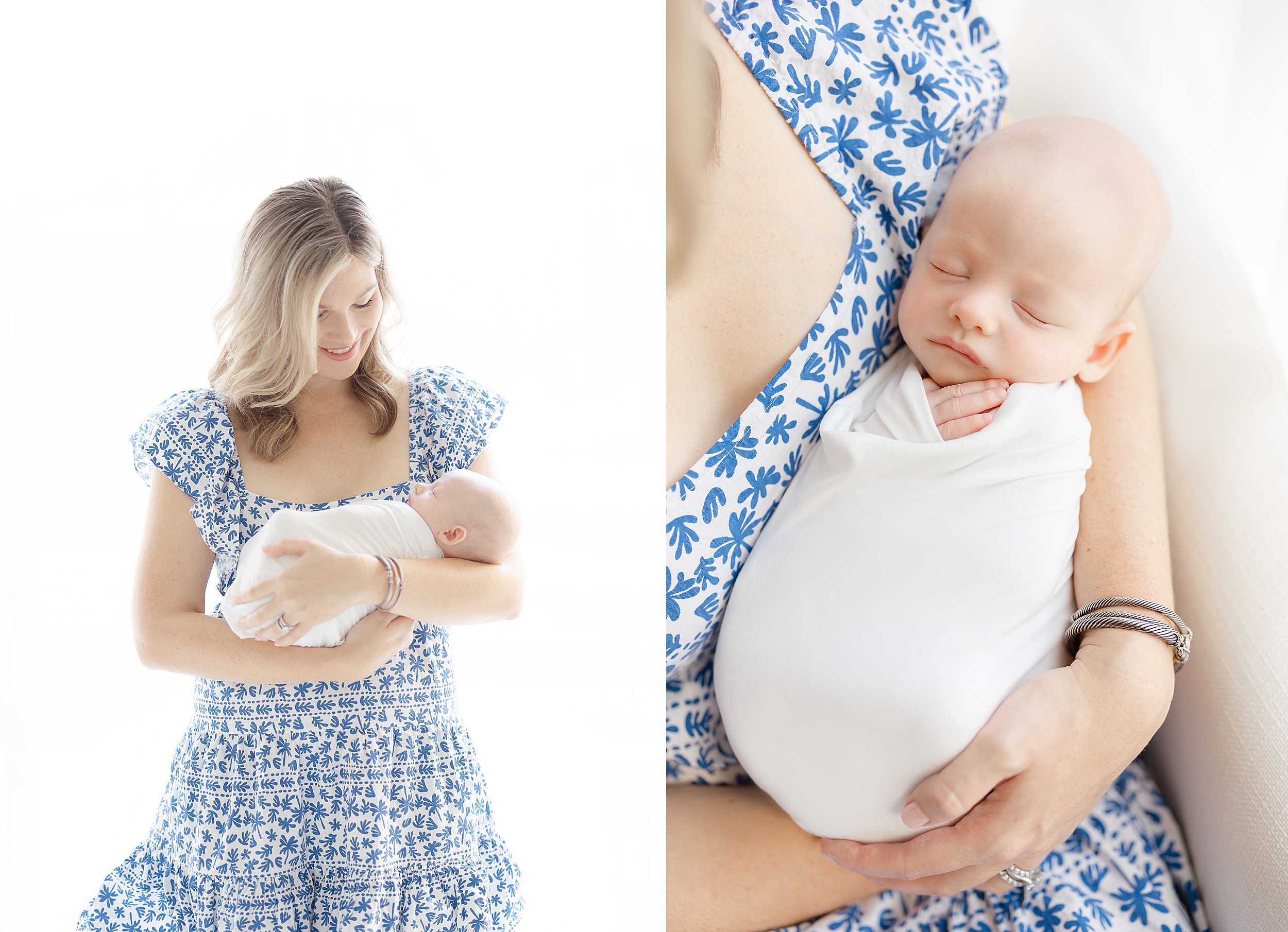 Light filled newborn portrait of baby boy and his mother.
