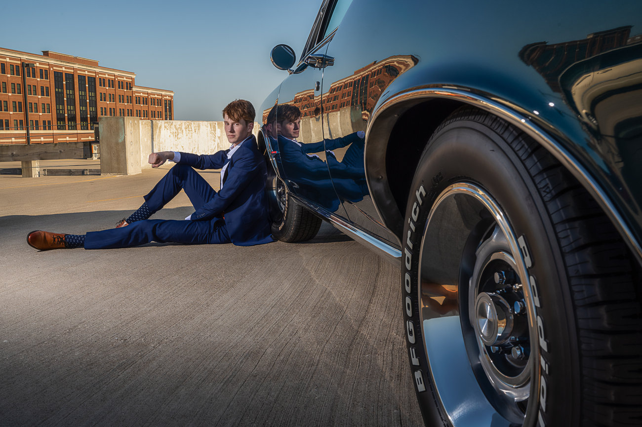 Senior Guy in a suit with his muscle car La Crosse Wi