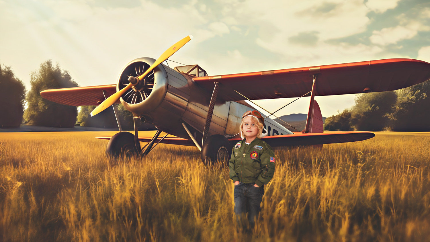 Boy standing by old airplane - Storybook Images
