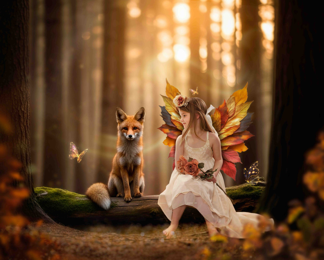 Girl in fairy wings sits beside a fox in a magical autumn forest
