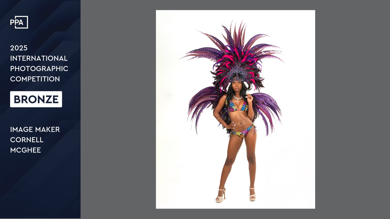 A woman wearing feathers standing