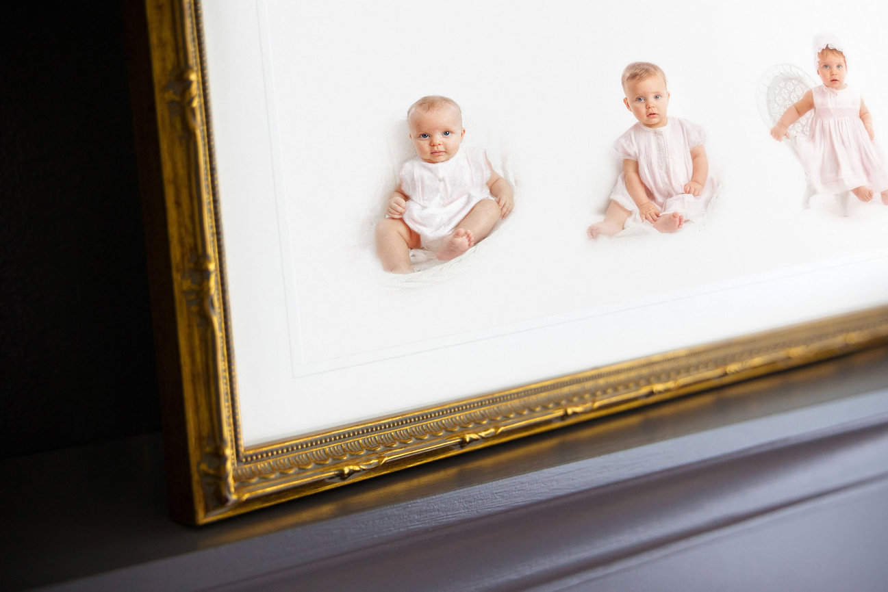Fine art baby portrait series showing infant development across four stages in classic head and shoulders style.