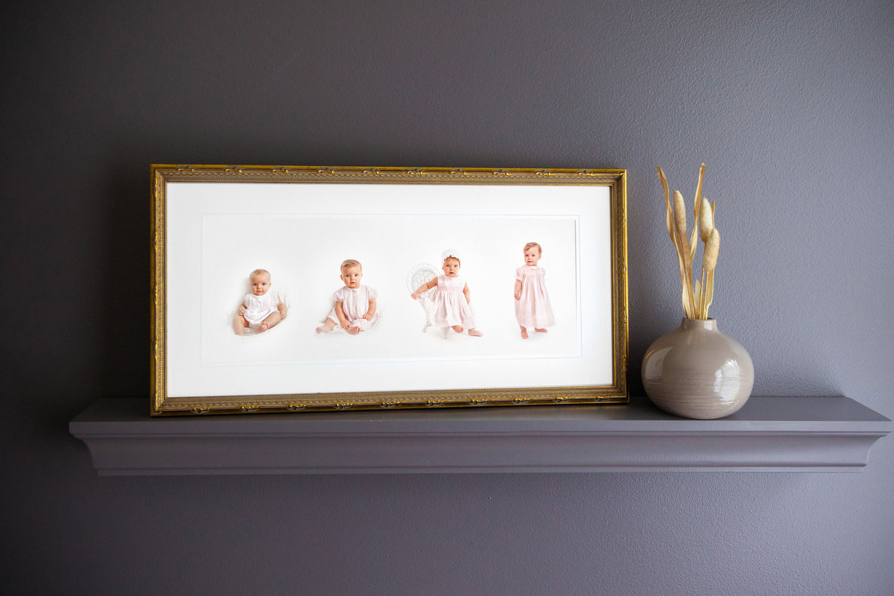 Baby milestone portrait composite in a refined, painterly style — perfect for celebrating your child’s first year.