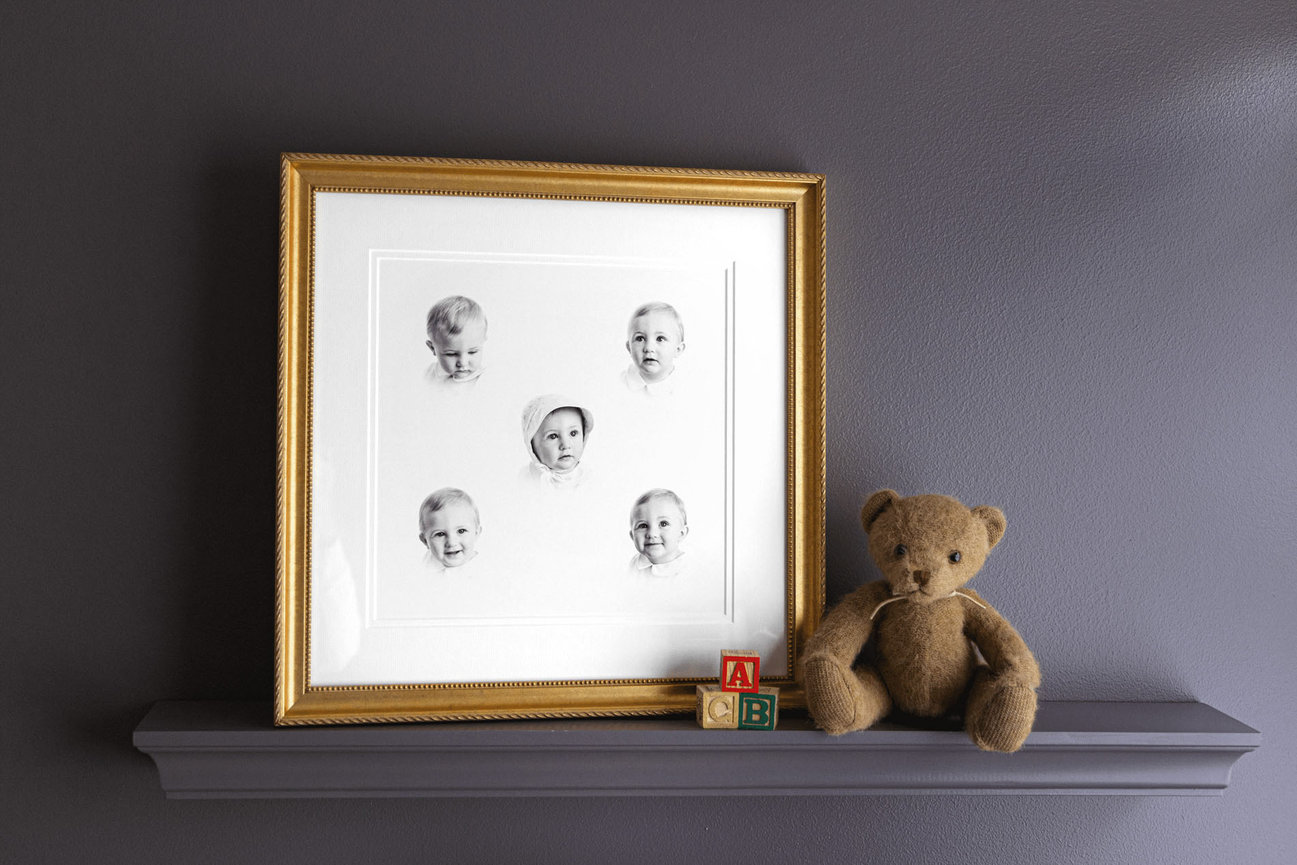Composite image showing five unique angles of a boy’s expression, created as a timeless wall art piece.