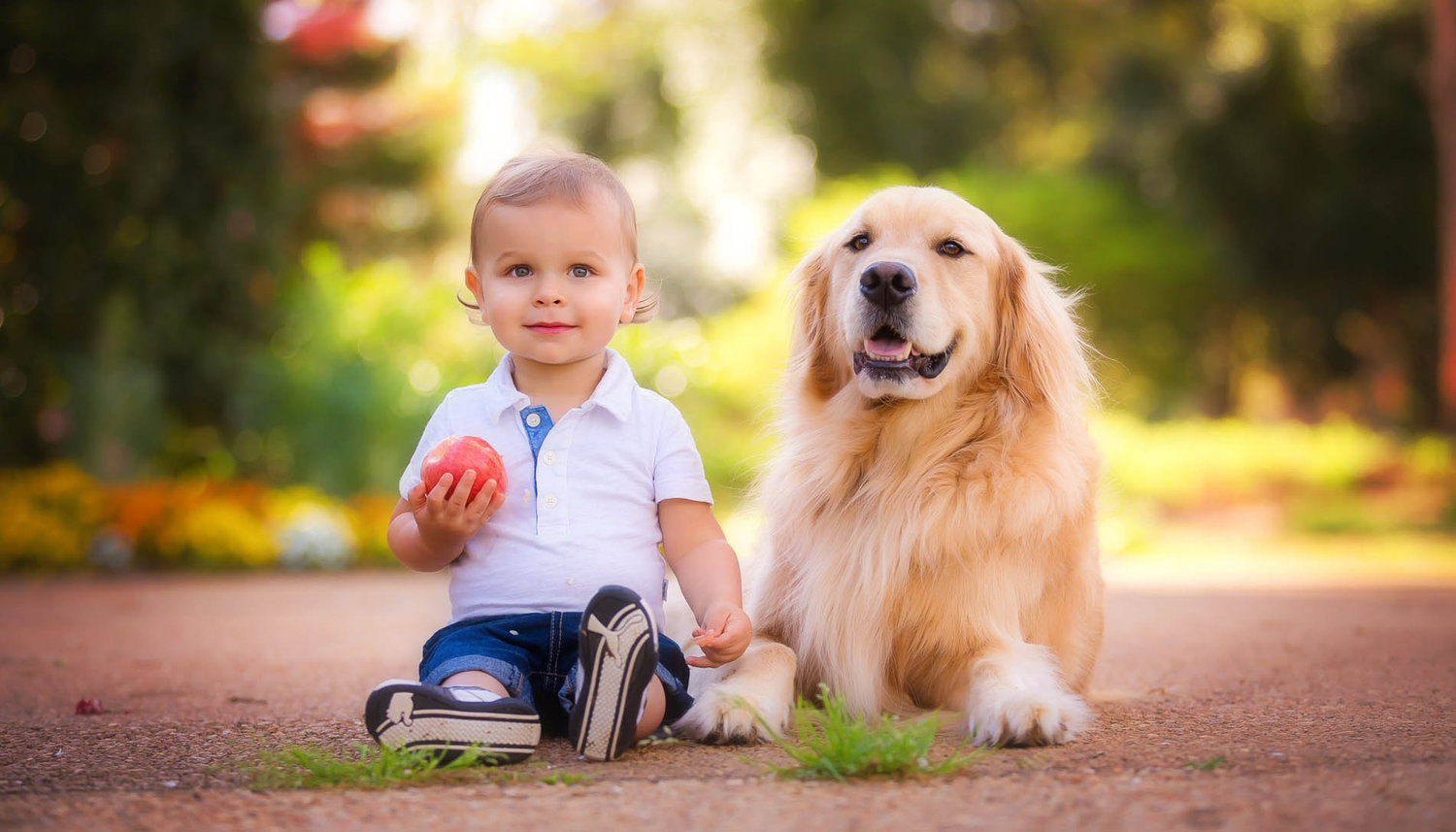 Toddler sitting outdoors with his dog, captured in a candid fine art portrait with natural light and warm tones.