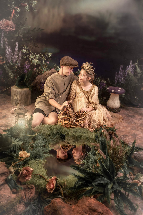 Sibling portraits costumes props vintage look