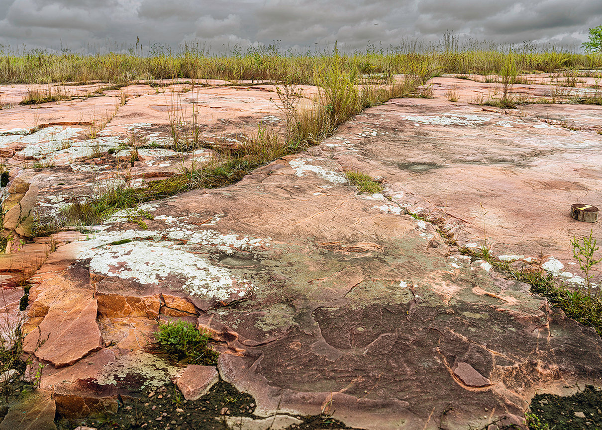 Rocks with lichen splattering across a barren landscape