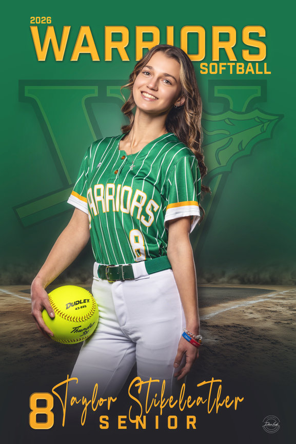 Young woman in a green Warriors softball jersey holding a softball, with the number 8 and “Warriors Softball” text.