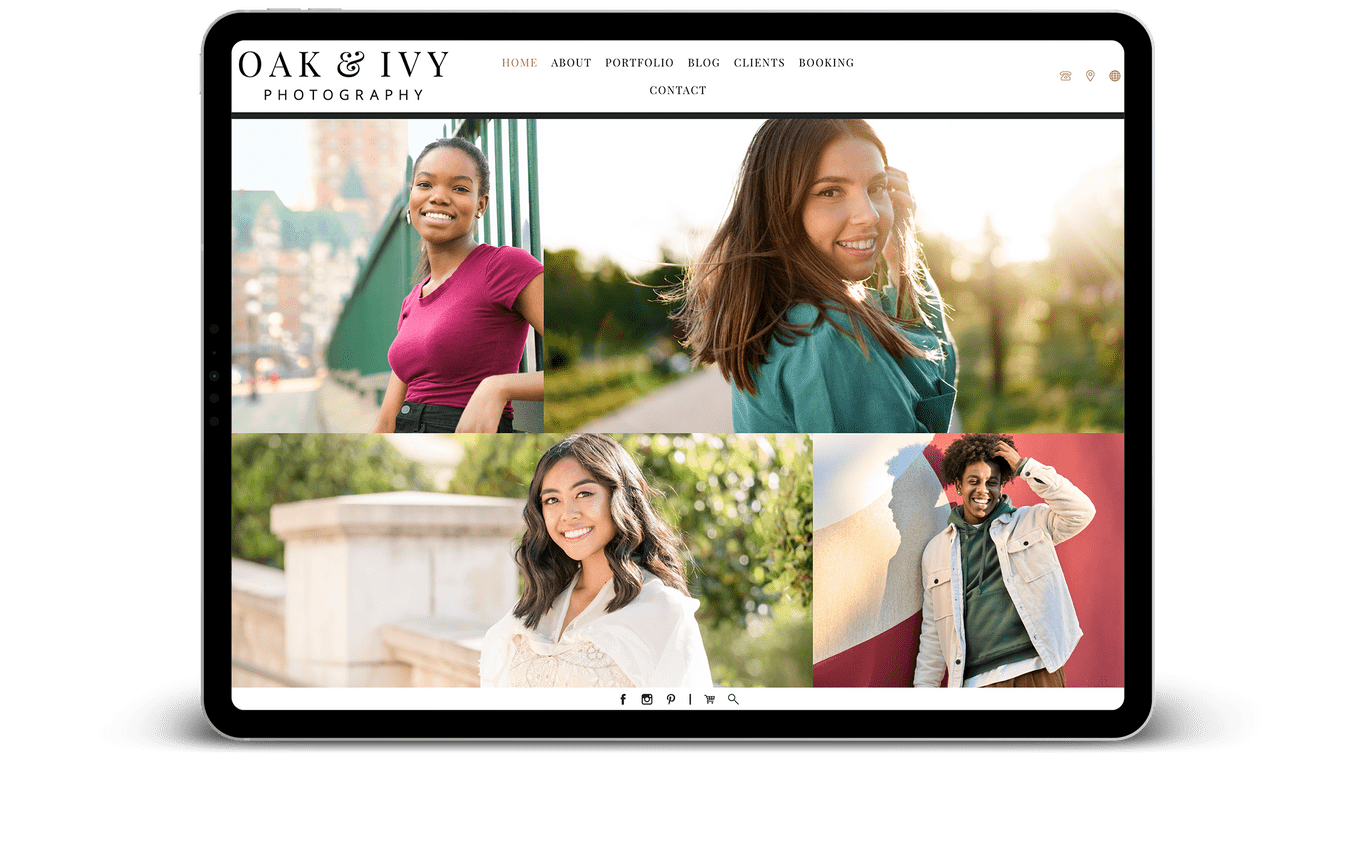 Collage of smiling individuals showcasing senior Photography website on a tablet.