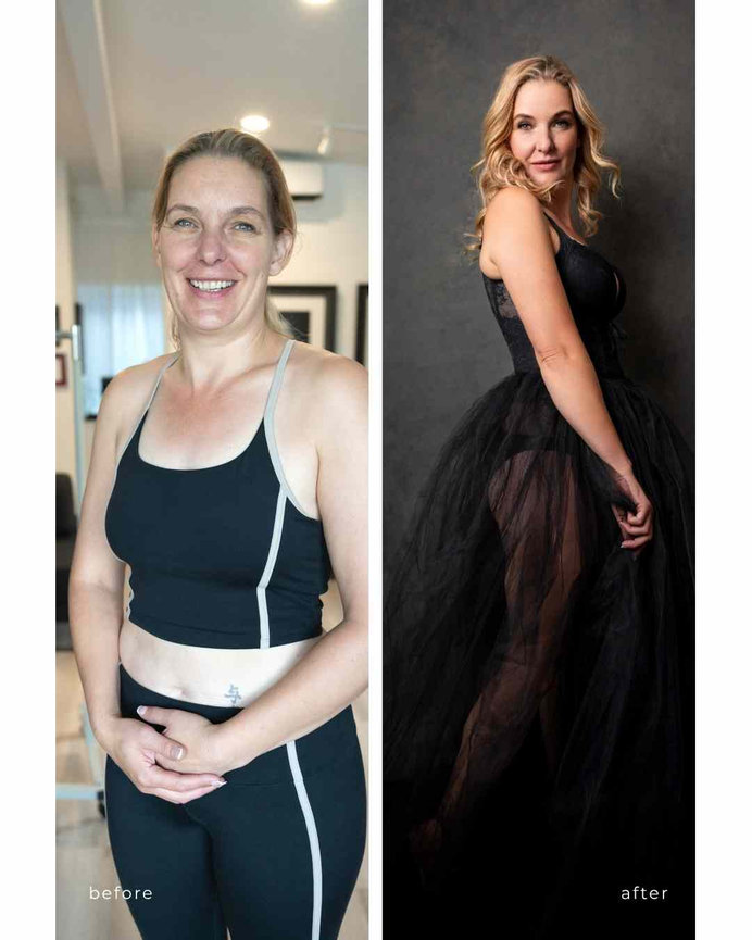 before and after photo of a blond woman in black tulle, Calgary boudoir studio