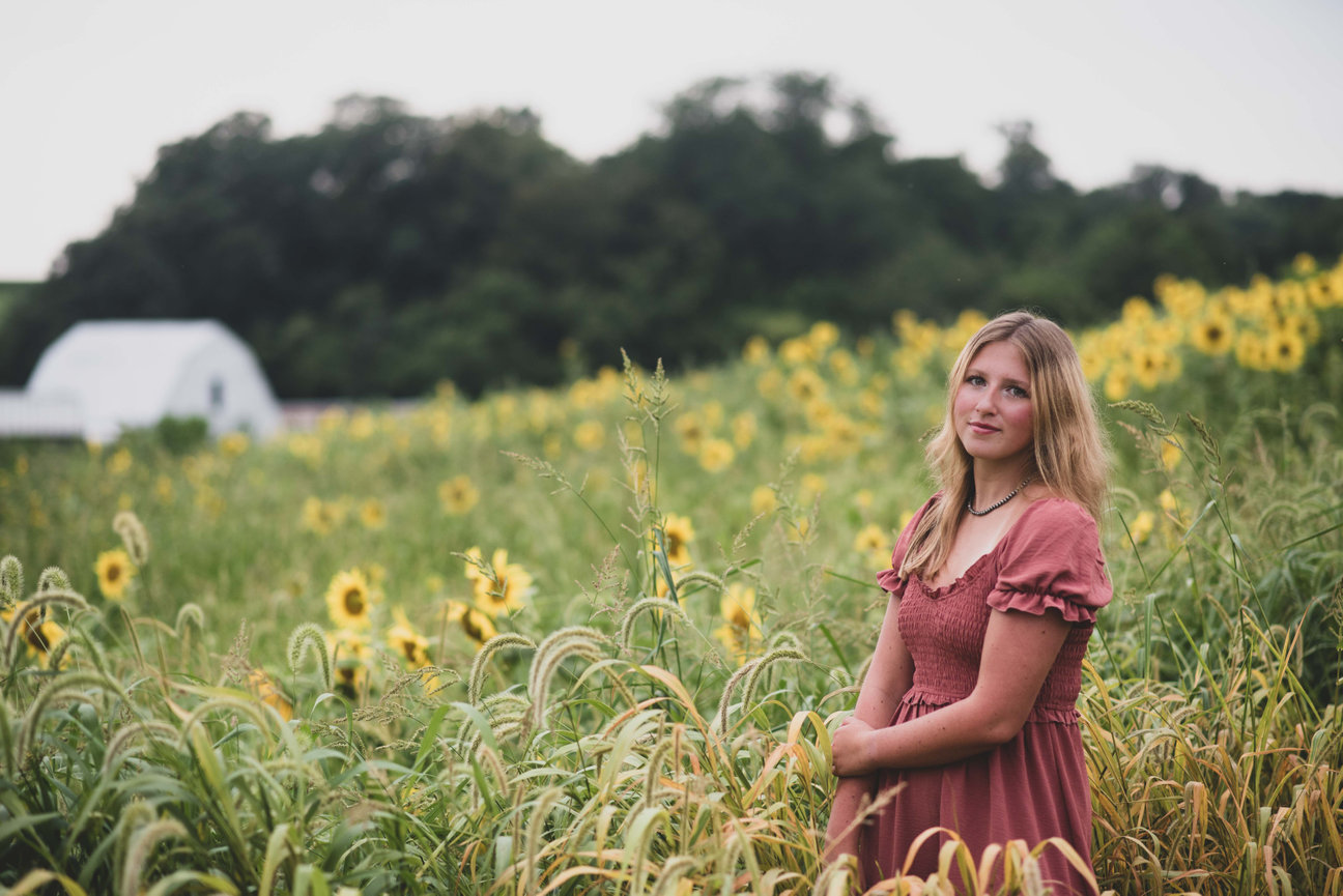 senior girl in pink dress standing in sunflower field