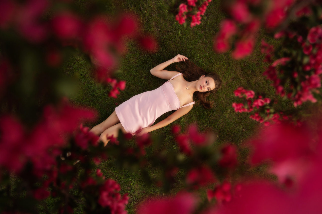Woman in pink dress lying on grass, framed by vibrant pink flowers.