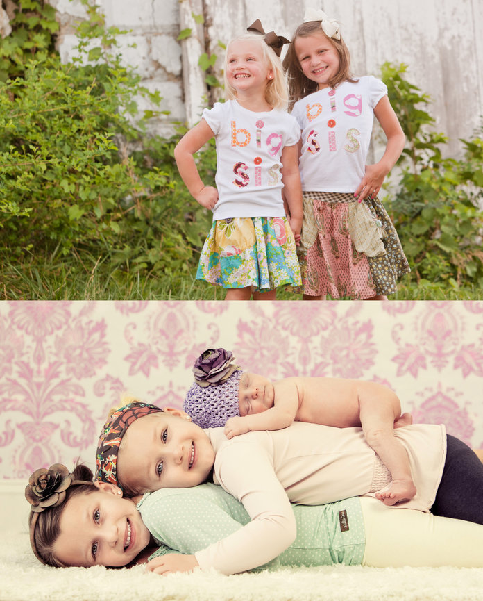 Two young girls in big sis shirts smiling outdoors; three children lying on each other indoors, baby on top, all wearing floral headbands.