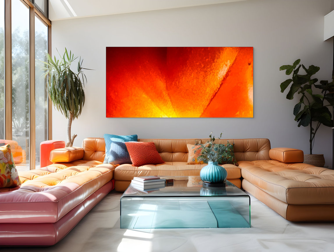 Abstract orange art in living room