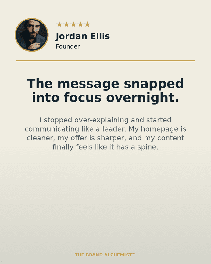 ALT text: Testimonial from Jordan Ellis praising improved communication and content clarity for The Brand Alchemist.