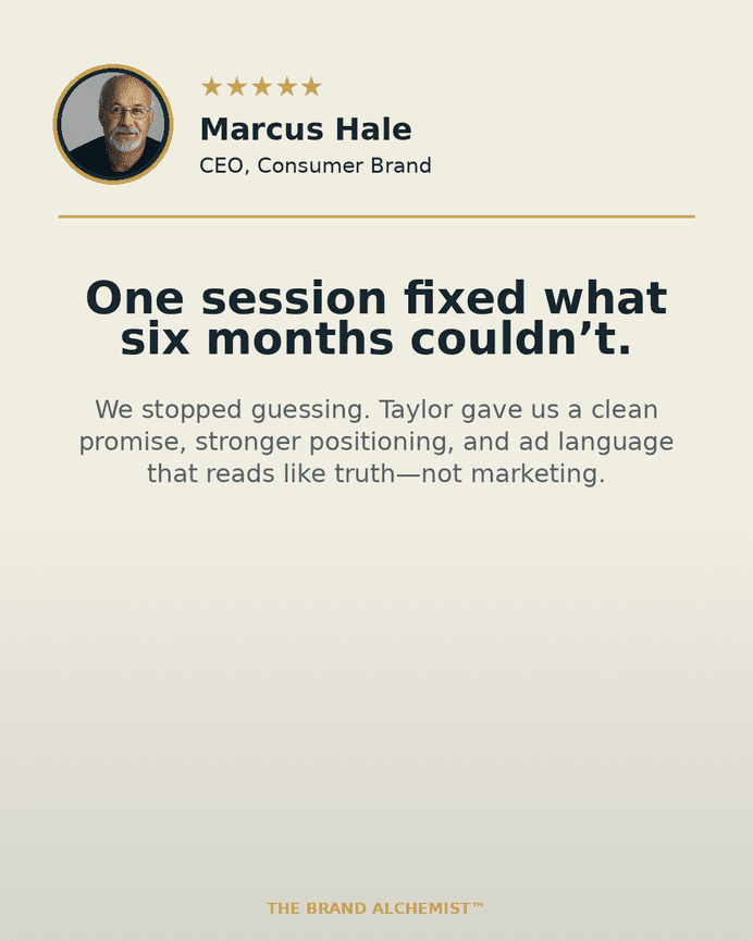 CEO Marcus Hale testimonial praising Taylor's impactful session and improved brand positioning.