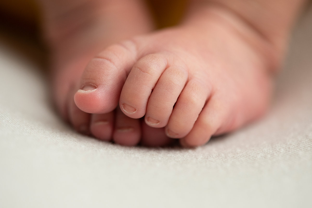Close-up of a babys tiny toes resting on a soft, light-colored surface in North Barrington, Illinois. The toes are slightly curled, and the skin is smooth and delicate, showcasing the innocence and tenderness of a newborn.
