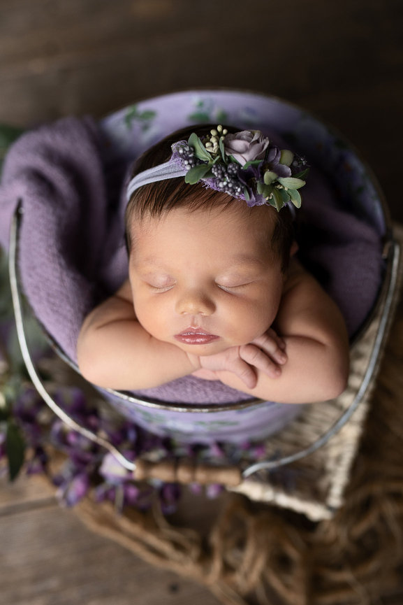A sleeping newborn baby with a purple floral headband rests peacefully in a small purple bucket. Wrapped in a cozy purple blanket and surrounded by vibrant flowers, the scene captures serenity. In West Highland Acres in Illinois.