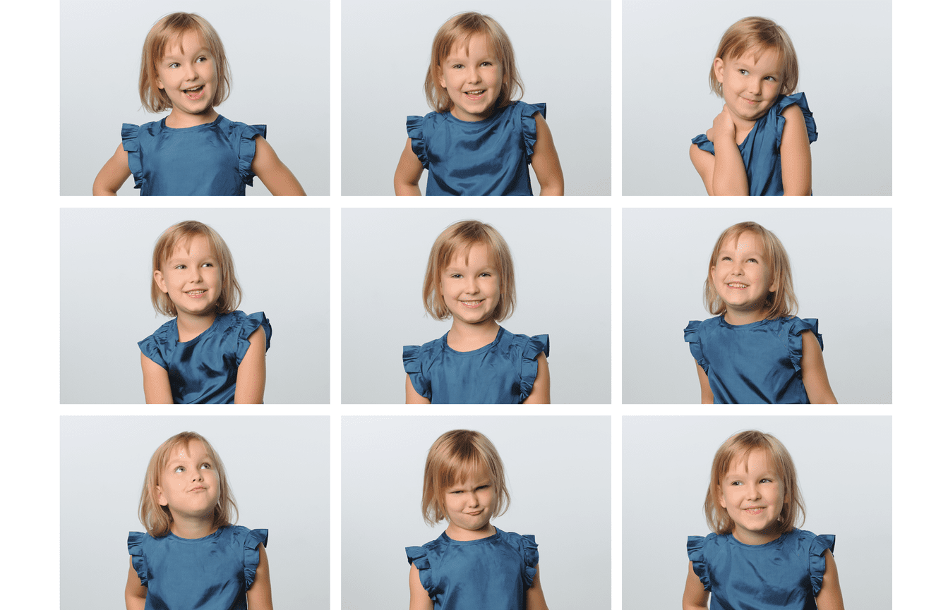 A young girl in a blue dress showing nine different facial expressions.
