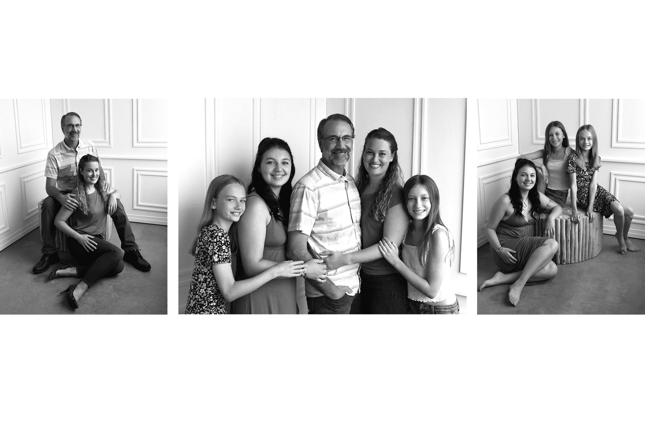 Black and white photos of parents folded together with their three teenage daughters at Kliks Photography.