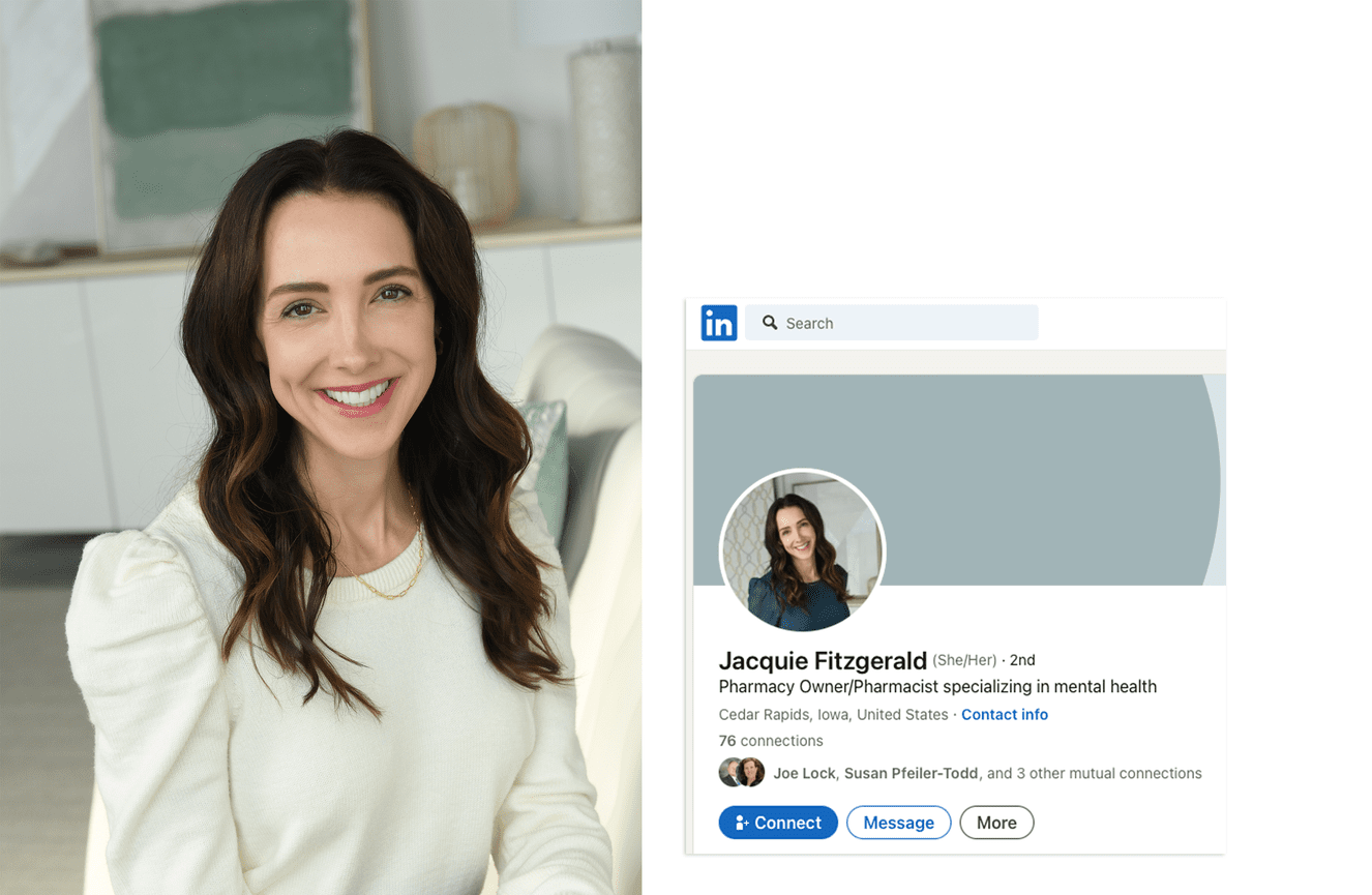 A business branding portrait of a female pharmacy owner sitting on a white couch with green abstract art in the background.