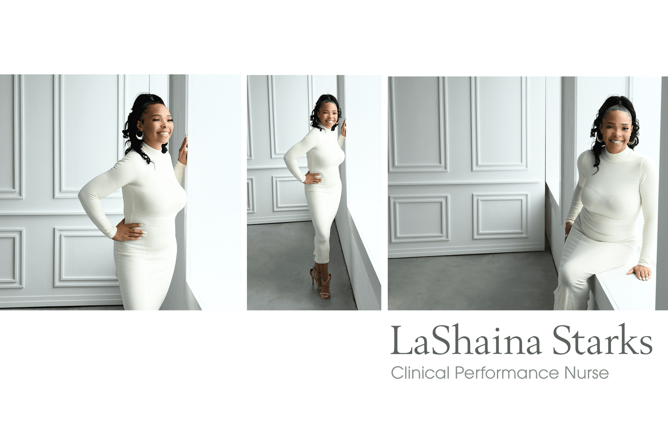 Professional marketing photos of LaShaina who is a nurse wearing a white dress.