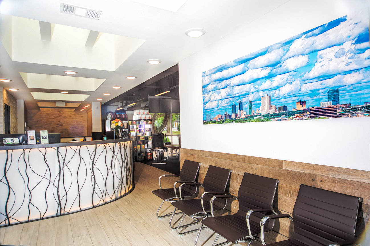 Wallart of Fort Worth city scape in Doctors office 80 inches long.