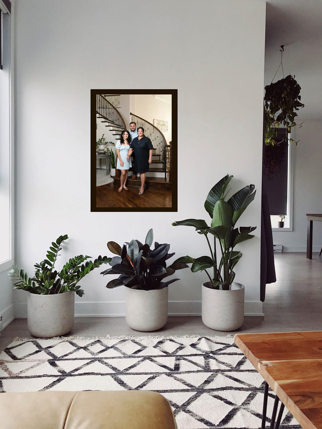 Framed family photo on a white wall above potted plants in a modern living room.